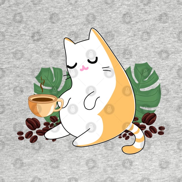 Ginger persian orange cute cat drinking coffee surrounded by leaves and beans of coffee by WorldOfMine